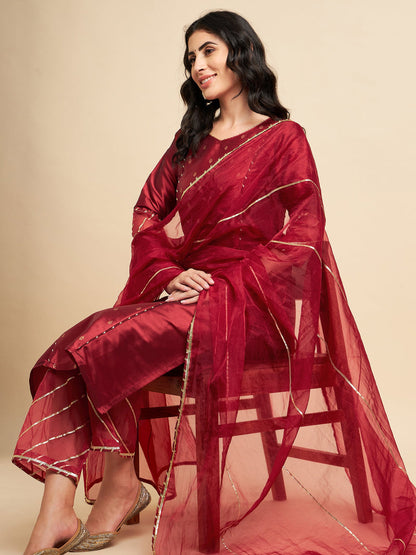 Maroon Raw Silk Straight Calf Length Kurta With Palazzo Dupatta Set