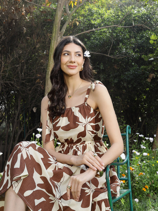 Stylum Women's Brown Floral Printed Cotton A-Line Dress