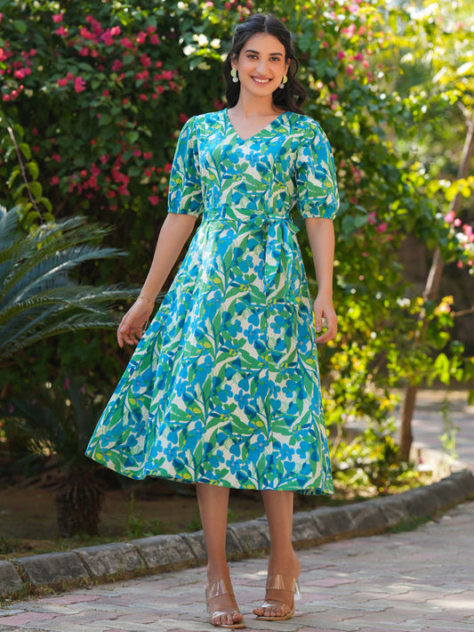 Multicolour Cotton Floral Printed Fit & Flare Dress
