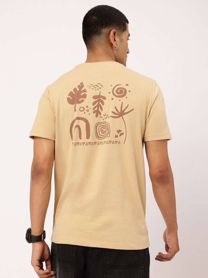 Men Printed Round Neck Cotton Blend Beige T-Shirt