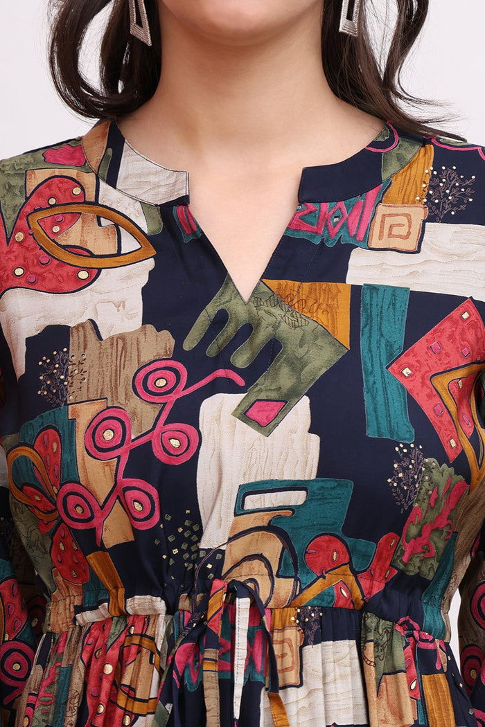 Black Colour Abstract Printed Ethnic Chanderi Premium Dress For Women