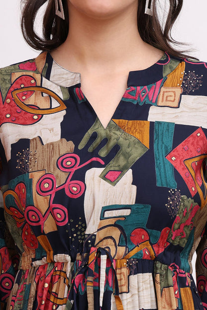 Black Colour Abstract Printed Ethnic Chanderi Premium Dress For Women