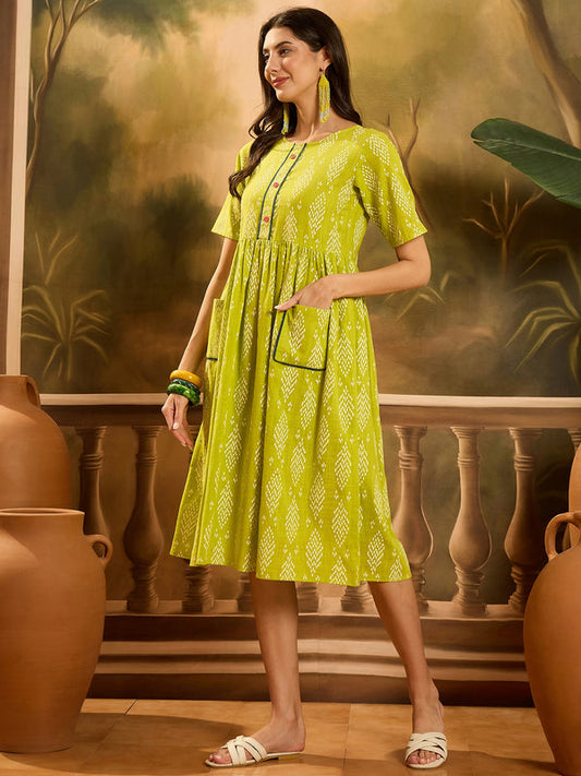 Green Printed Cotton A-Line Dress