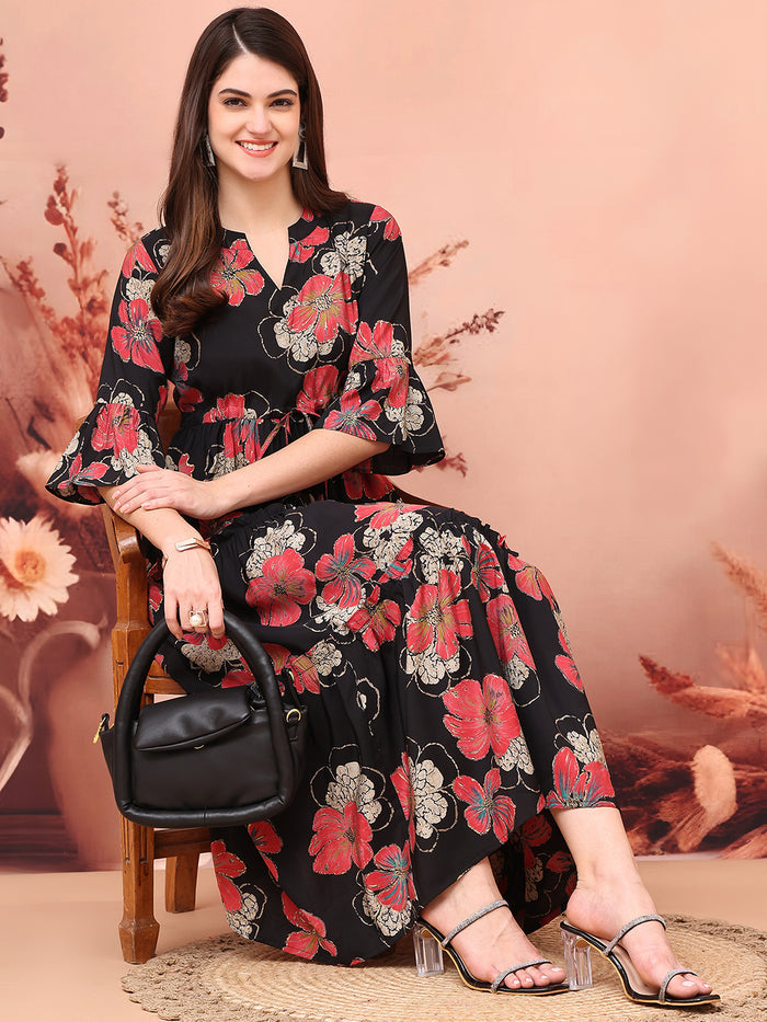 Black Color Floral Printed Premium Chanderi Ethnic Dress