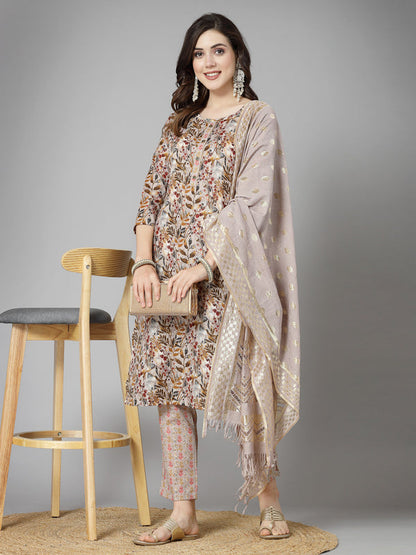 Floral Printed Cotton Blend Straight Kurta Pant Dupatta Set