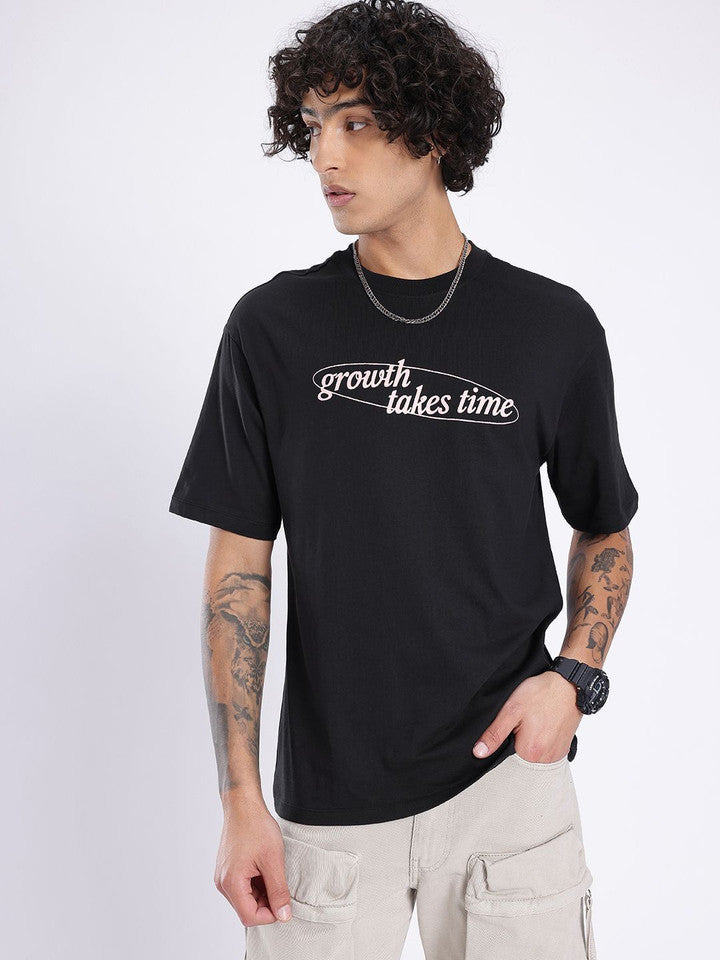 Men Printed Round Neck Cotton Blend Black T-Shirt