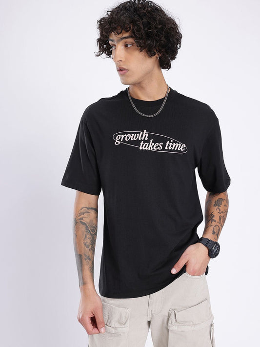 Men Printed Round Neck Cotton Blend Black T-Shirt