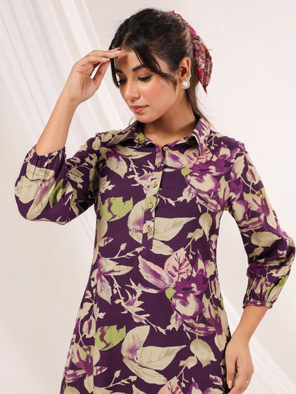 Purple Rayon Floral Printed A line Dress