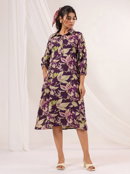Purple Rayon Floral Printed A line Dress
