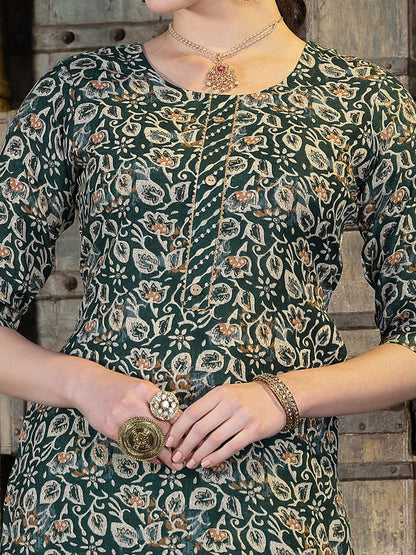 Floral Printed Cotton Blend Straight Kurta Pant Dupatta Set