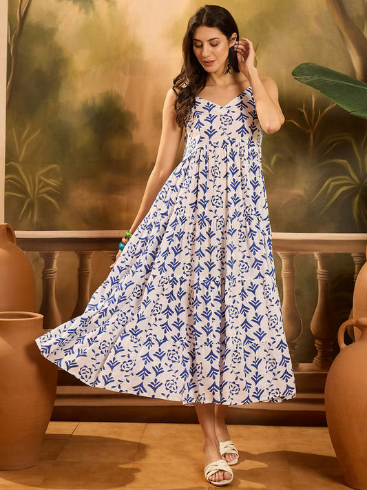 Blue Printed Cotton Flared Dress