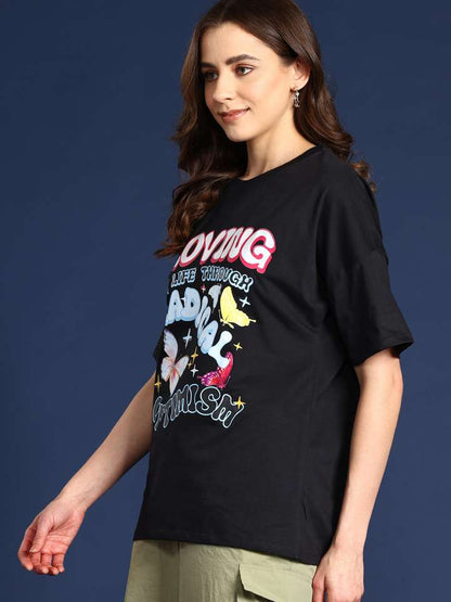 Printed Drop-Shoulder Sleeves Pure Cotton Relaxed T-Shirt