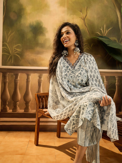Grey Floral Printed Cotton Straight Kurta Pant Dupatta Set