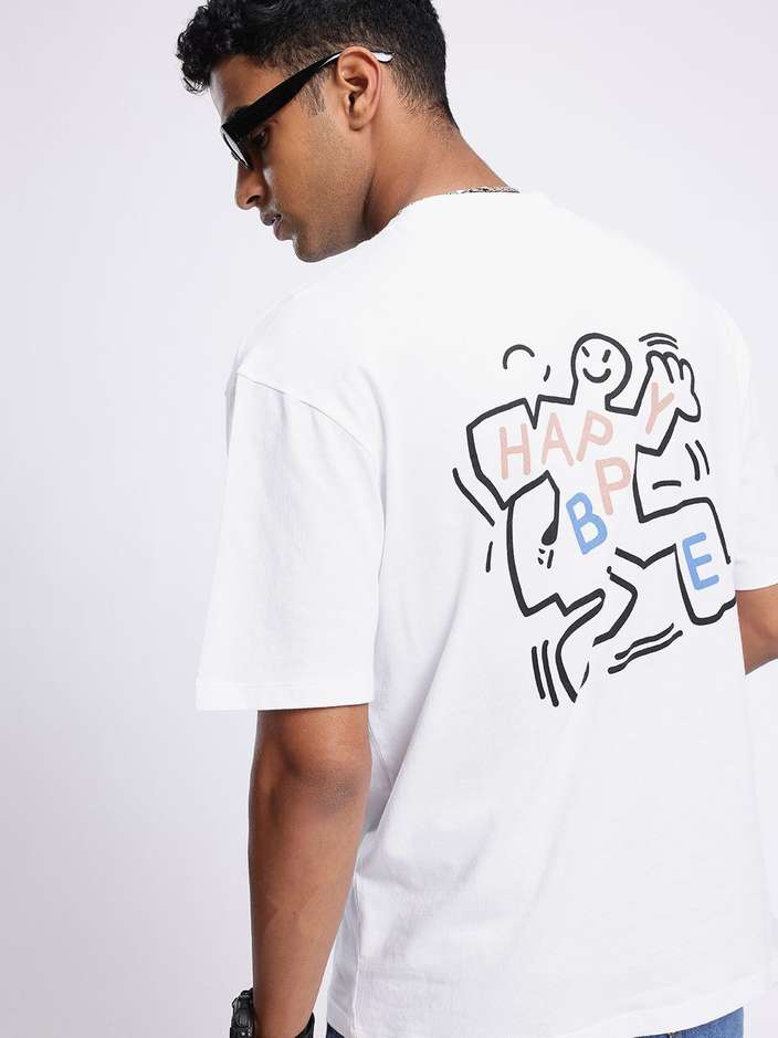 Men Printed Round Neck Cotton Blend White T-Shirt