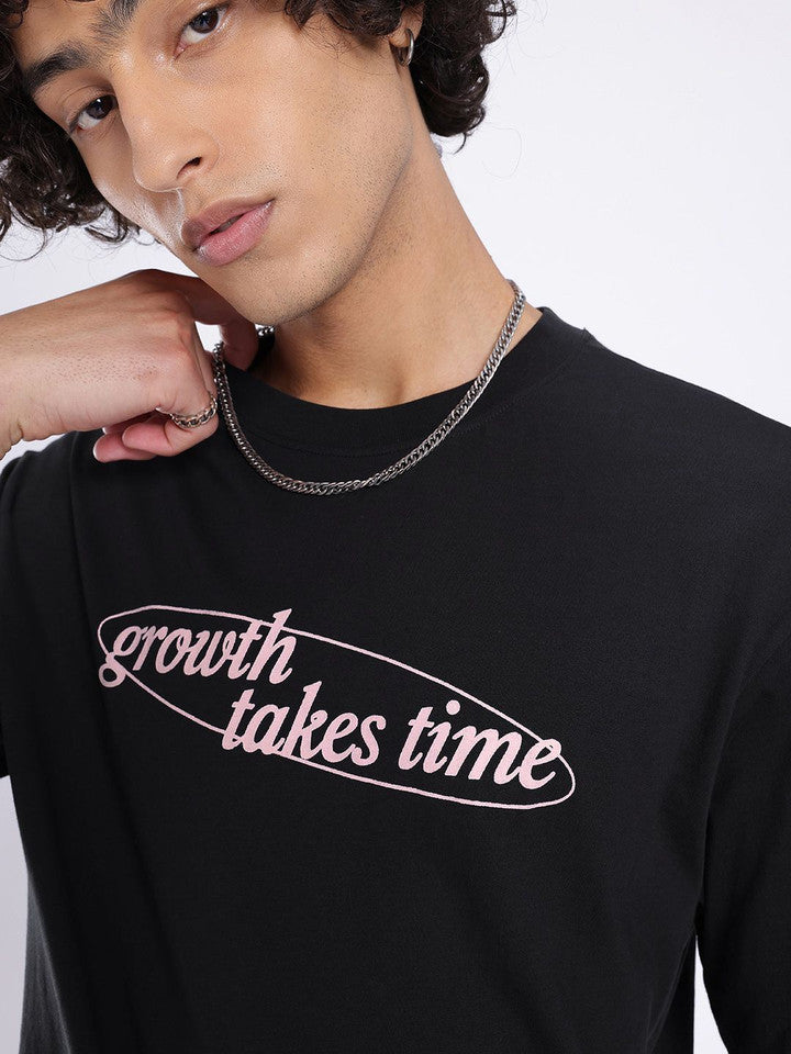 Men Printed Round Neck Cotton Blend Black T-Shirt