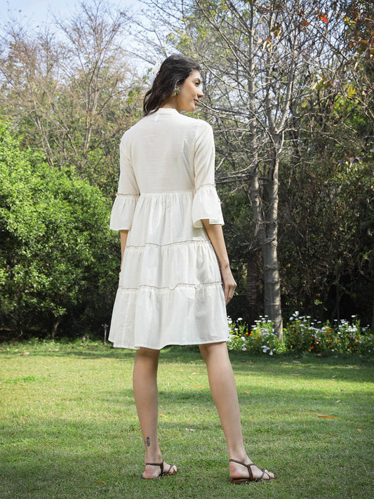 White Solid & Embroidered Cotton Tiered Dress