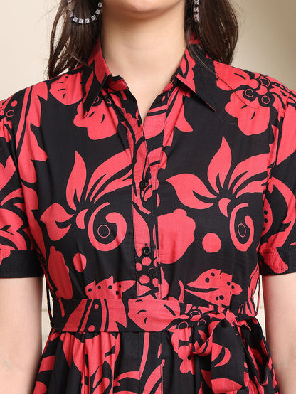 Black Colour Floral Printed Cotton Dress