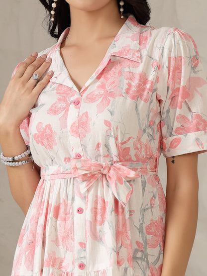 Pestal Pink Floral Printed Cotton Flared Dress