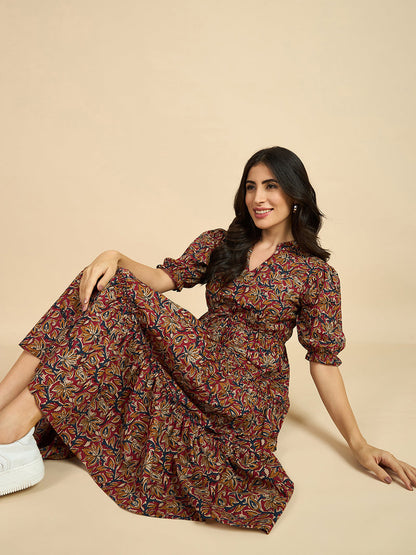 Ethnic Motif Print Mandarin Coller Short Puff Sleeves Cotton A-Line Midi Dress