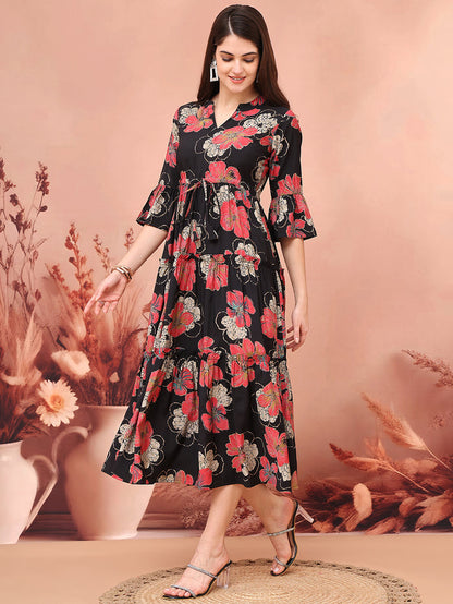 Black Color Floral Printed Premium Chanderi Ethnic Dress