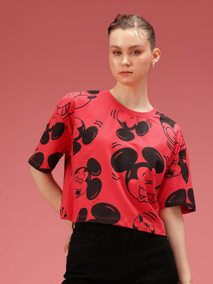 Mickey Mouse Printed Drop Shoulder Sleeves Relaxed Fit Pure Cotton T-Shirt