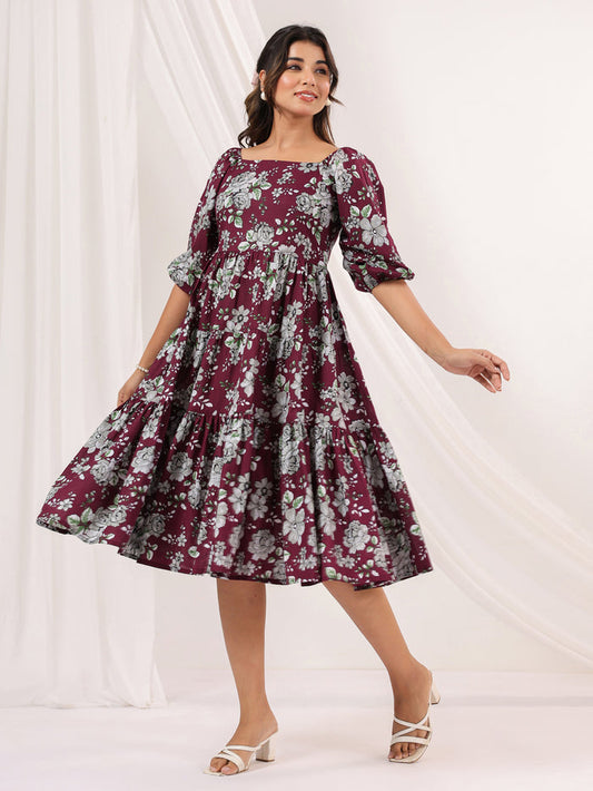 Wine Pure Cotton Floral Printed Tiered Dress
