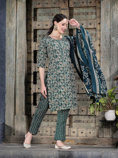 Floral Printed Cotton Blend Straight Kurta Pant Dupatta Set