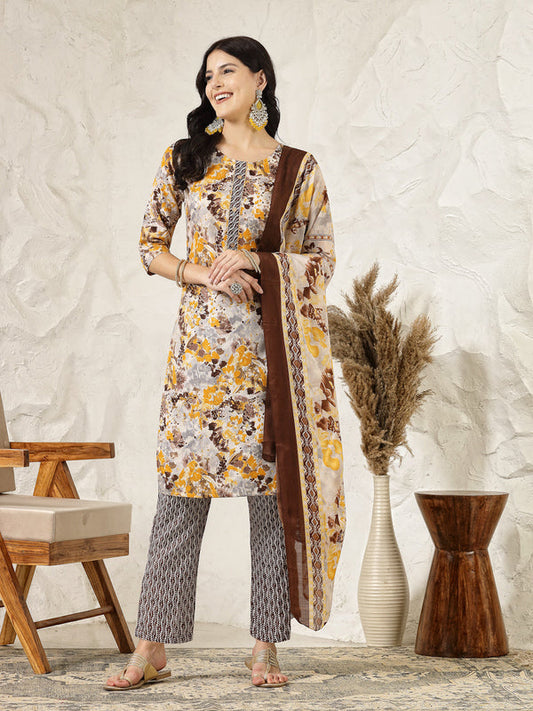 Floral Printed Cotton Blend Straight Kurta Pant Dupatta Set