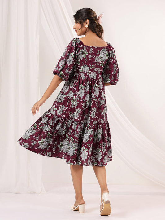 Wine Pure Cotton Floral Printed Tiered Dress