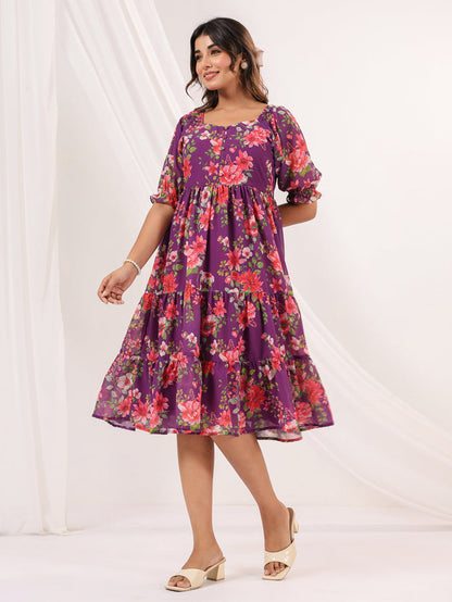 Purple Georgette Floral Printed Tiered Dress