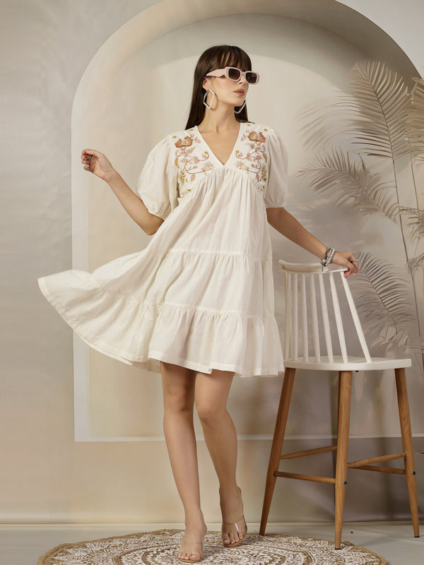 Cream Solid & Embroidered Cotton Flared Dress