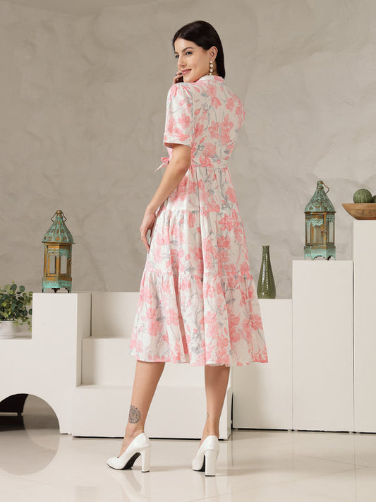 Pestal Pink Floral Printed Cotton Flared Dress