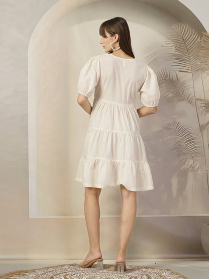 Cream Solid & Embroidered Cotton Flared Dress