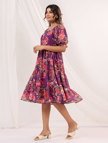 Purple Georgette Floral Printed Tiered Dress