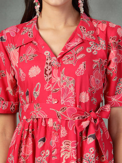 Pink Tropical Printed Rayon Tiered Dress