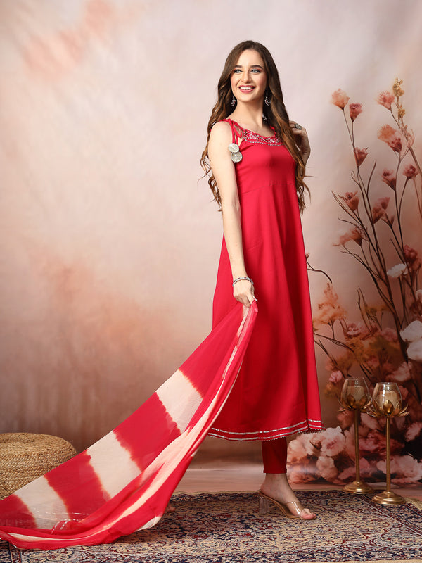 Rose Gold Solid & Embroidered Rayon A-Line Kurta Dupatta Set