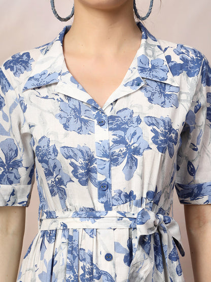 Floral Printed Cotton Flared Dress
