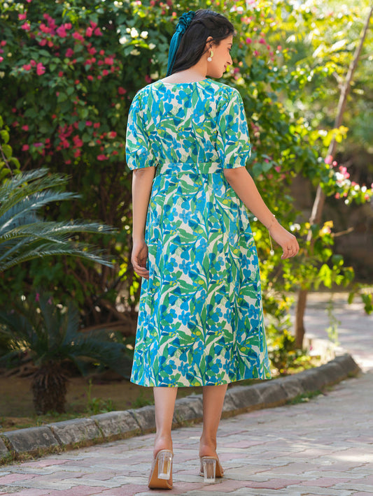 Multicolour Cotton Floral Printed Fit & Flare Dress