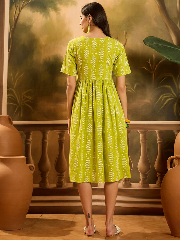 Green Printed Cotton A-Line Dress