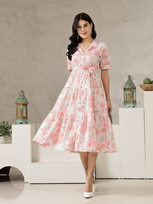 Pestal Pink Floral Printed Cotton Flared Dress