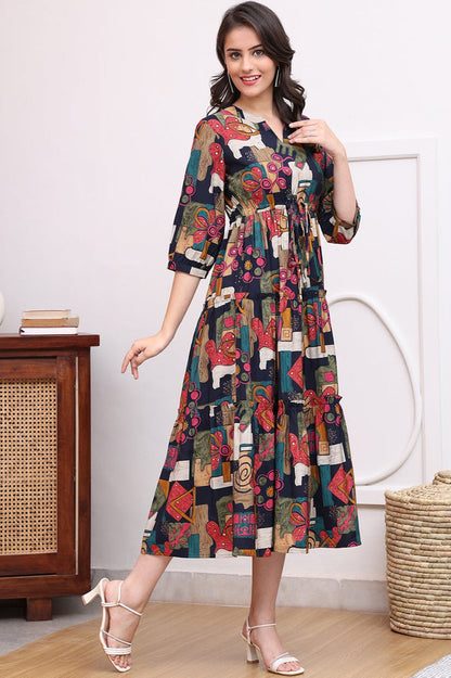 Black Colour Abstract Printed Ethnic Chanderi Premium Dress For Women