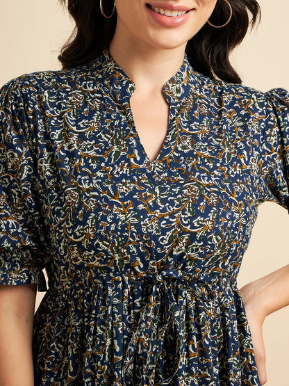 Floral Printed Mandarin Coller Pure Cotton Fit & Flare Dress