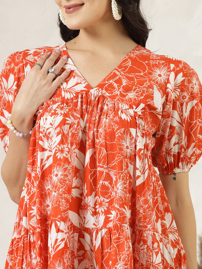 Orange Tropical Printed Cotton Flared Dress