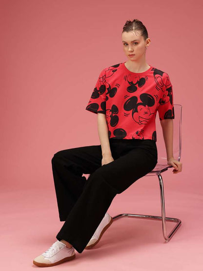 Mickey Mouse Printed Drop Shoulder Sleeves Relaxed Fit Pure Cotton T-Shirt