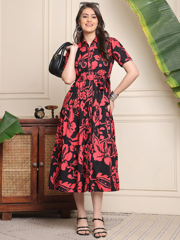 Black Colour Floral Printed Cotton Dress