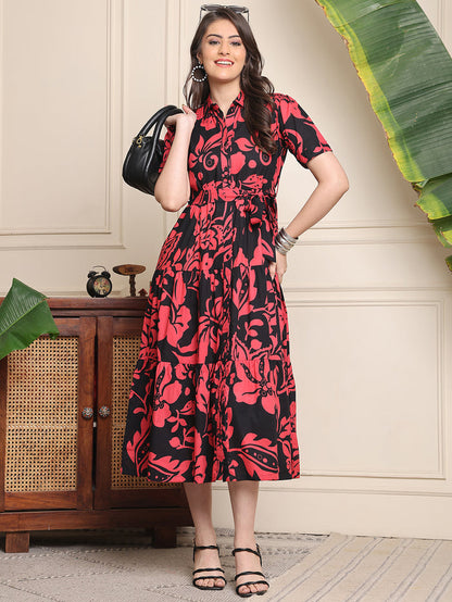 Black Colour Floral Printed Cotton Dress