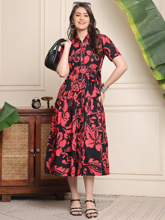 Black Colour Floral Printed Cotton Dress