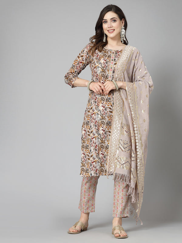 Floral Printed Cotton Blend Straight Kurta Pant Dupatta Set