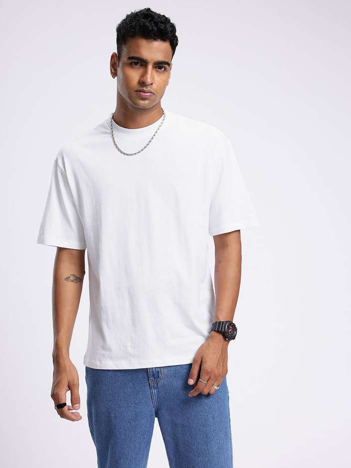 Men Printed Round Neck Cotton Blend White T-Shirt
