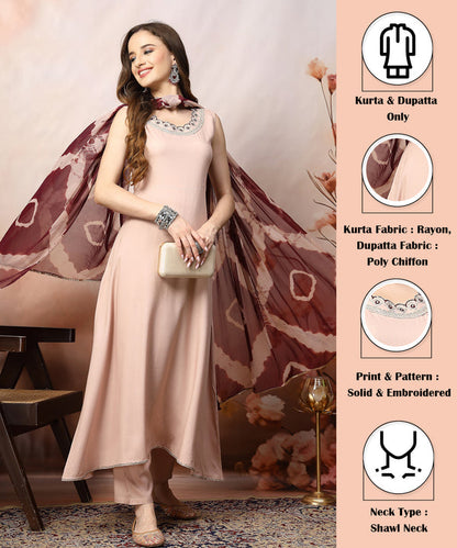 Rose Gold Solid & Embroidered Rayon A-Line Kurta Dupatta Set